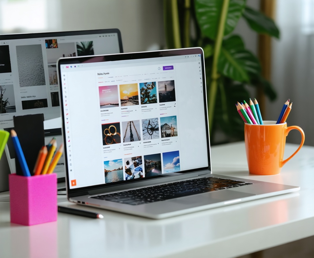 Ein moderner kreativer Arbeitsplatz mit einem Laptop, der ein farbenfrohes Webdesign zeigt