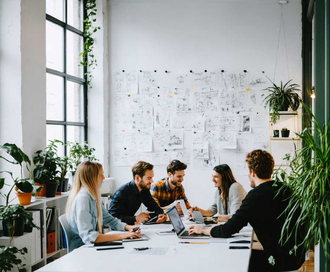 Ein kleines Team von Designern arbeitet gemeinsam in einem modernen Büro in Berlin